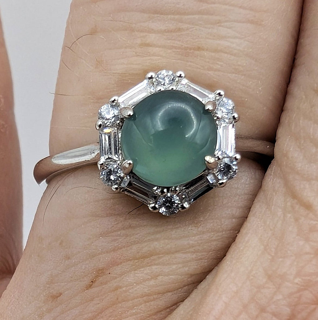 Ring Green Chalcedony Sterling Silver Halo – Calm, Compassion & Emotional Balance