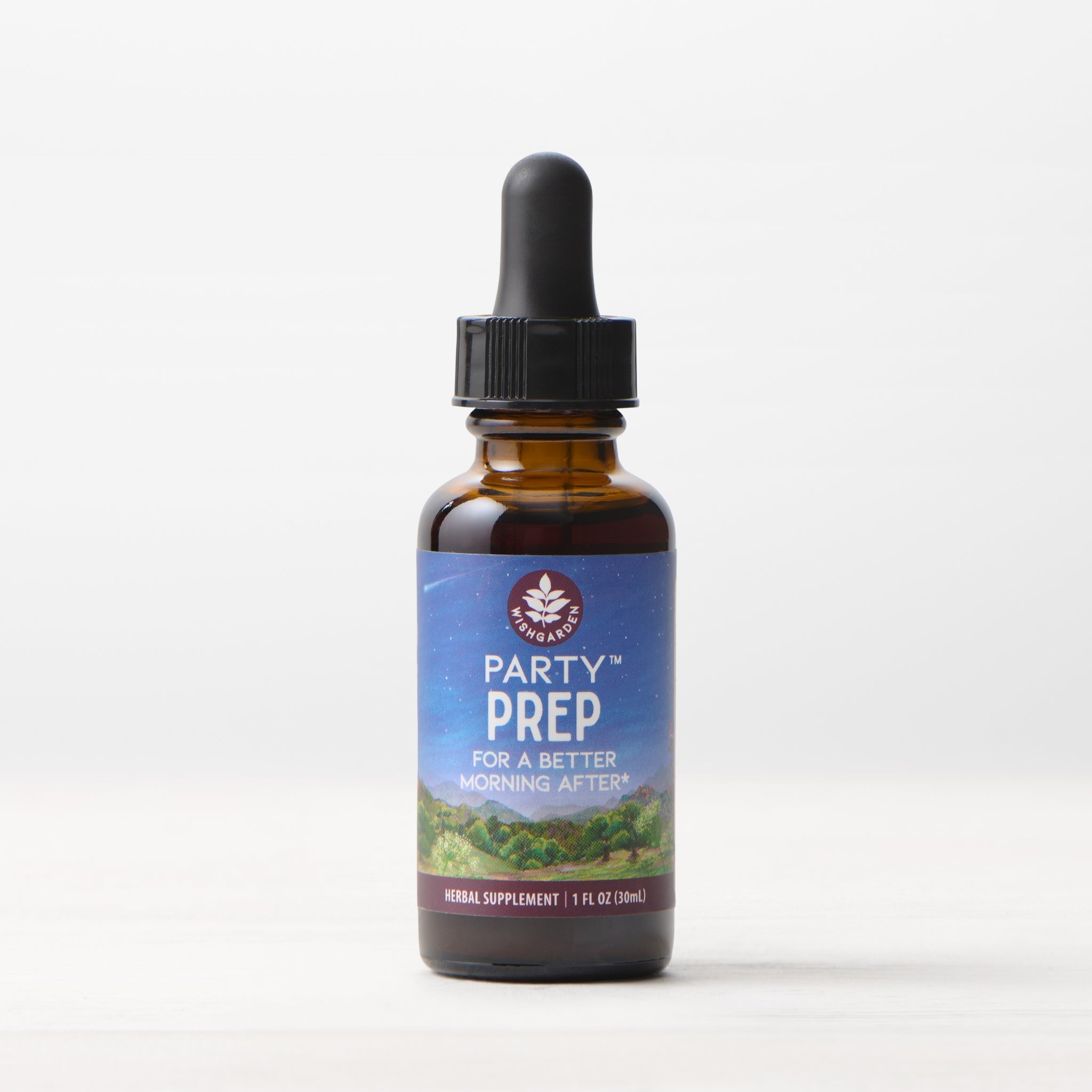 Bottle of 'Party Prep' herbal supplement with a dropper on a white background