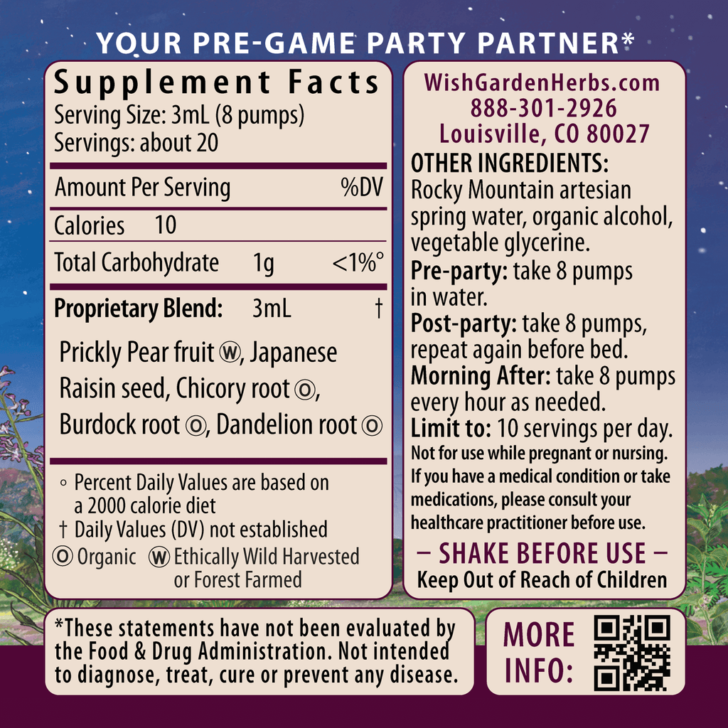Supplement label with ingredients and usage instructions on a purple background
