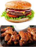 The Gathering Box featuring juicy 1/3-pound cheeseburger patties with fresh lettuce, tomato, onion, and melted cheese, paired with glazed pasture-raised chicken wings and a creamy dipping sauce.