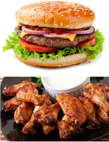 The Gathering Box featuring juicy 1/3-pound cheeseburger patties with fresh lettuce, tomato, onion, and melted cheese, paired with glazed pasture-raised chicken wings and a creamy dipping sauce.