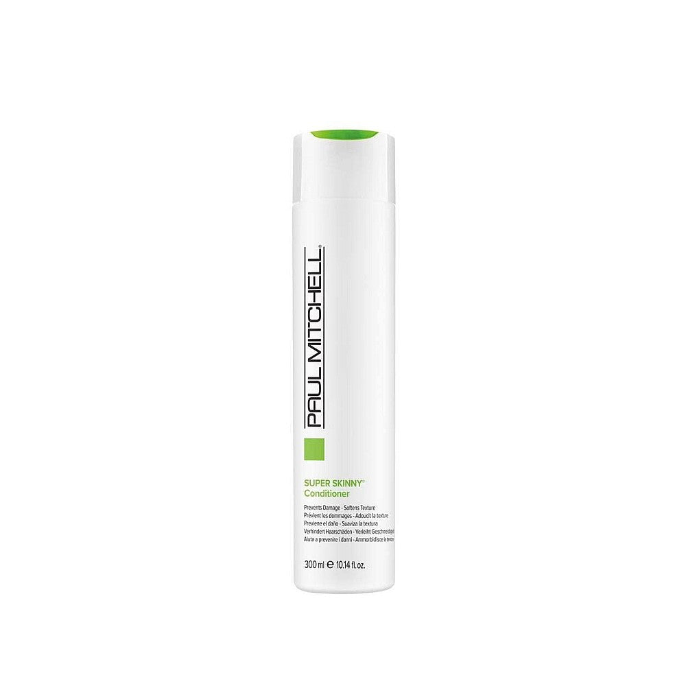 White bottle of Paul Mitchell Super Skinny Shampoo on a white background