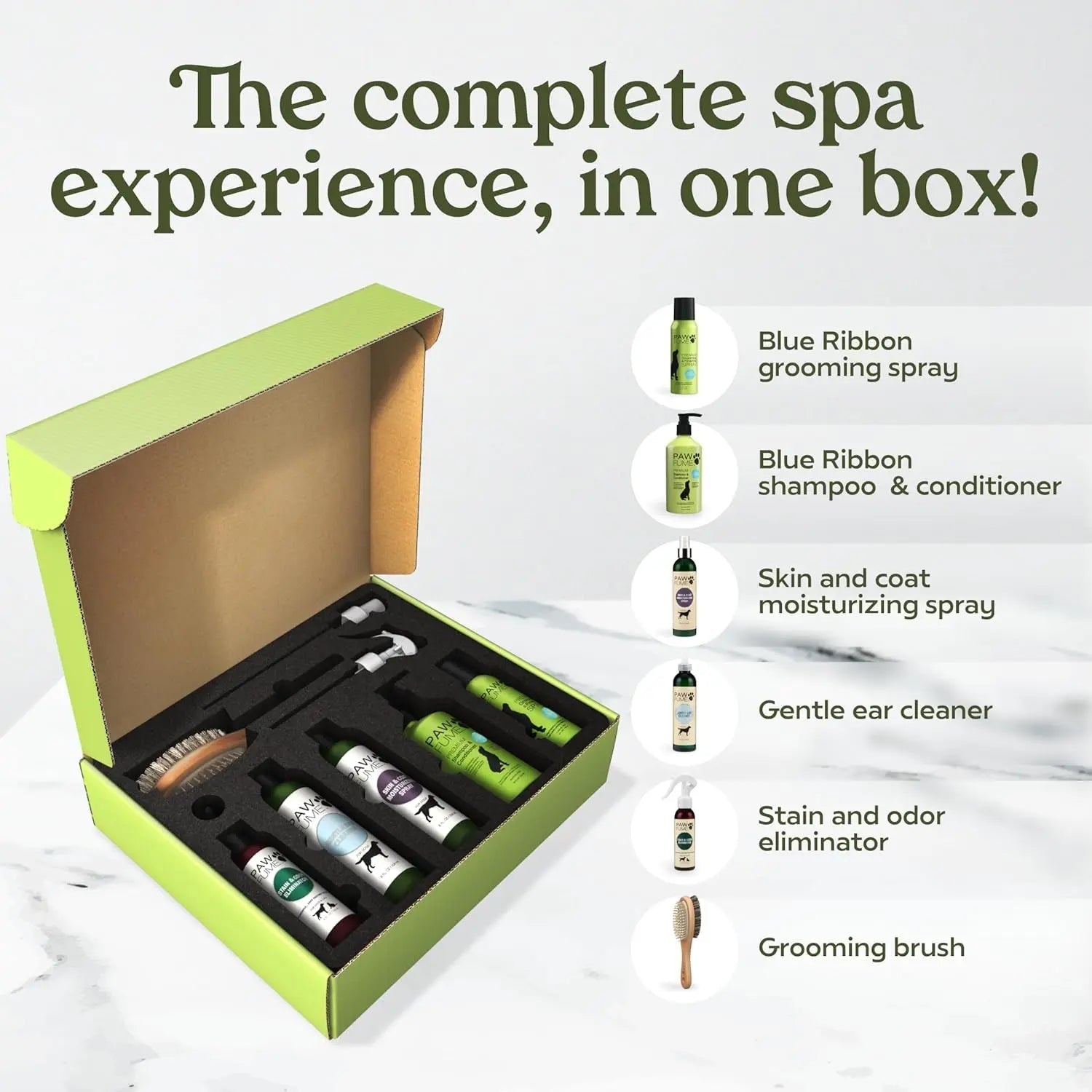 Pet grooming product set with open box containing various bottles and a brush, on a white background.