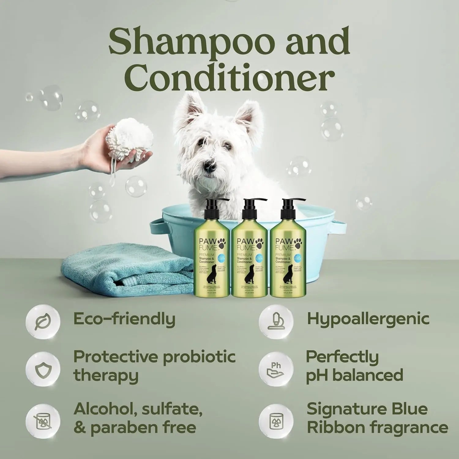 Paw shampoo and conditioner bottles with a dog and grooming tools on a gray background