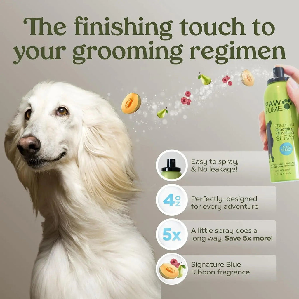 Dog grooming spray advertisement with a white dog and product details.