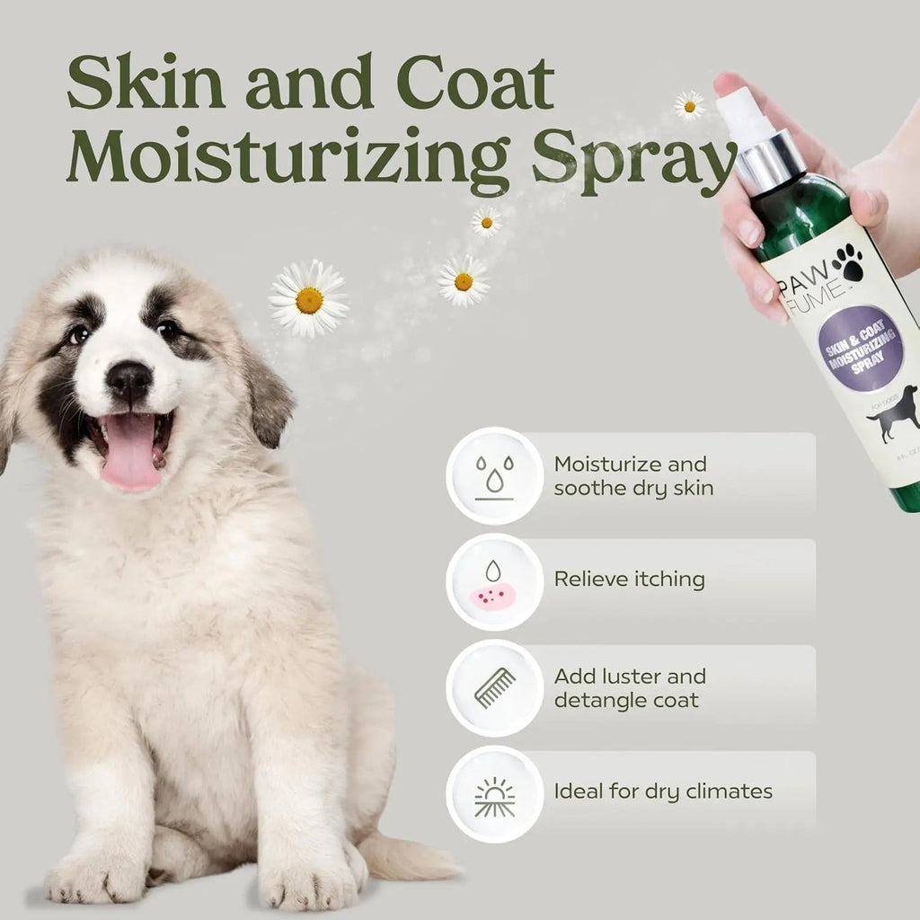 Dog with a bottle of 'Paw Luv' skin and coat moisturizing spray on a gray background