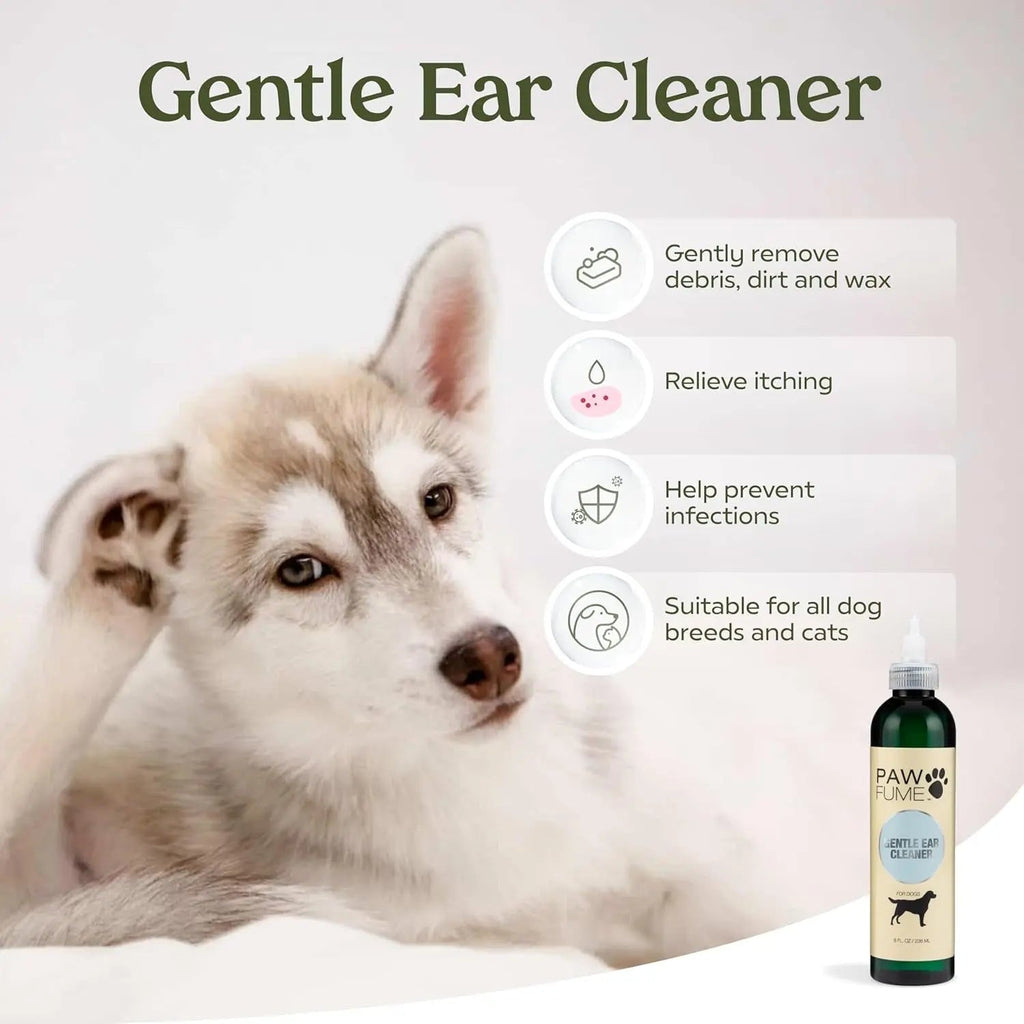 Dog with a bottle of gentle ear cleaner and product benefits on a white background