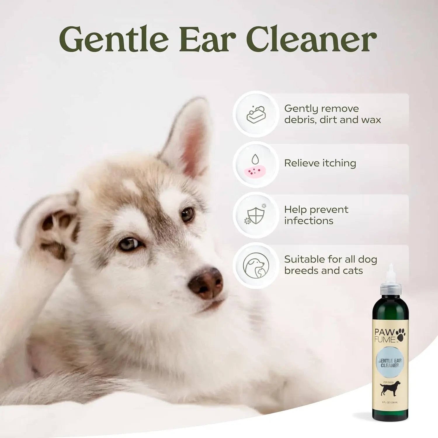 Dog with a bottle of gentle ear cleaner and product benefits on a white background