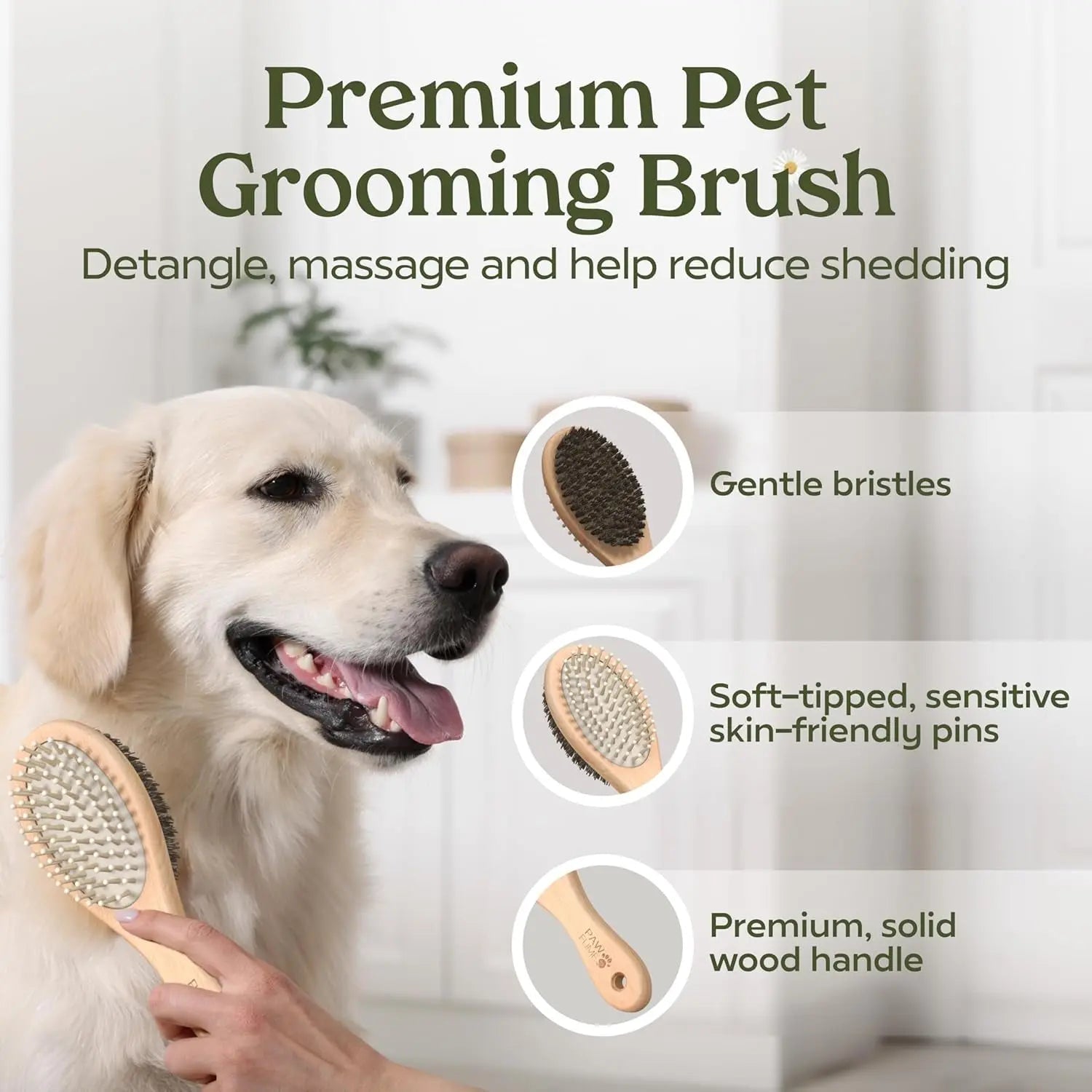 Dog being groomed with a premium pet grooming brush, featuring text about the product's benefits.