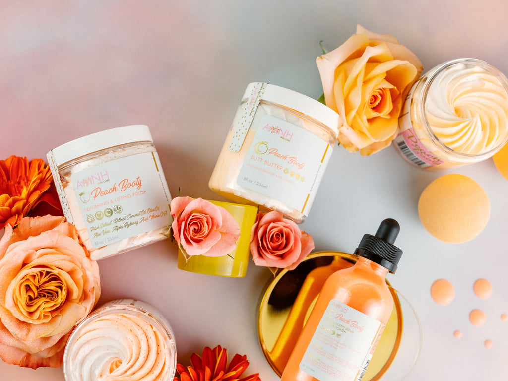 Peach Booty Bundle clean beauty skincare gift set with vegan, cruelty-free formulas, natural ingredients, nourishing body care, female-owned brand, whipped body butter, body oil and body scrub.