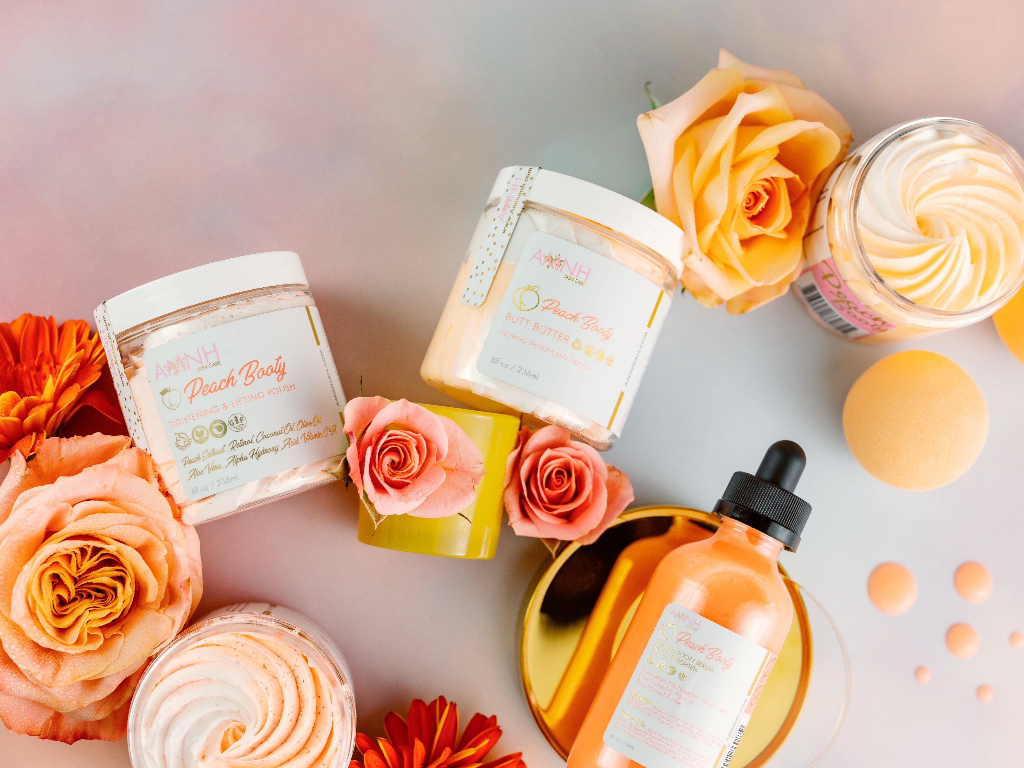 Peach Booty Bundle clean beauty skincare gift set with vegan, cruelty-free formulas, natural ingredients, nourishing body care, female-owned brand, whipped body butter, body oil and body scrub.