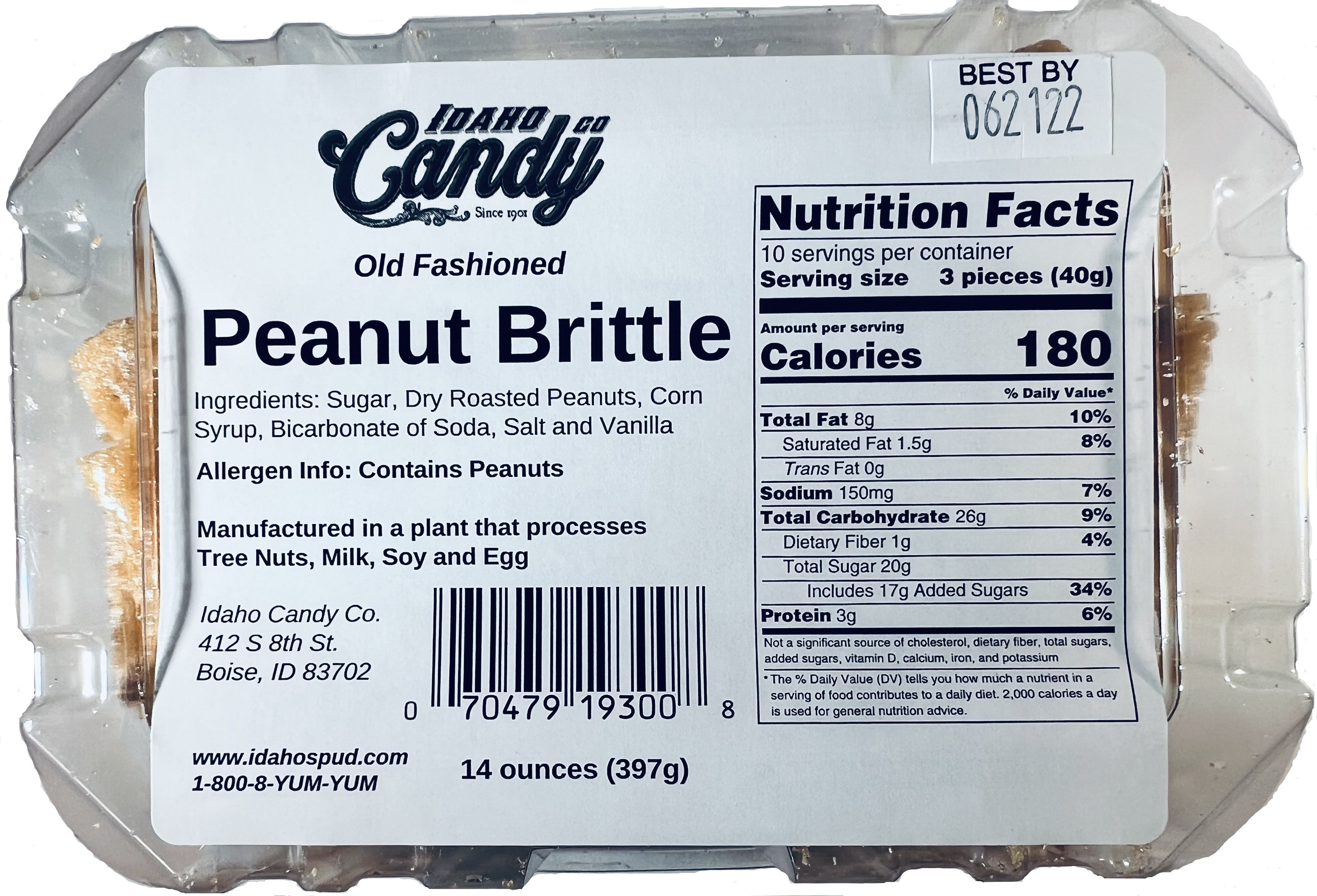 Idaho Candy Company Old Fashioned Peanut Brittle 14 oz Tub Back Label – Roasted Peanuts, Ingredients, Nutrition Facts & Allergen Information
