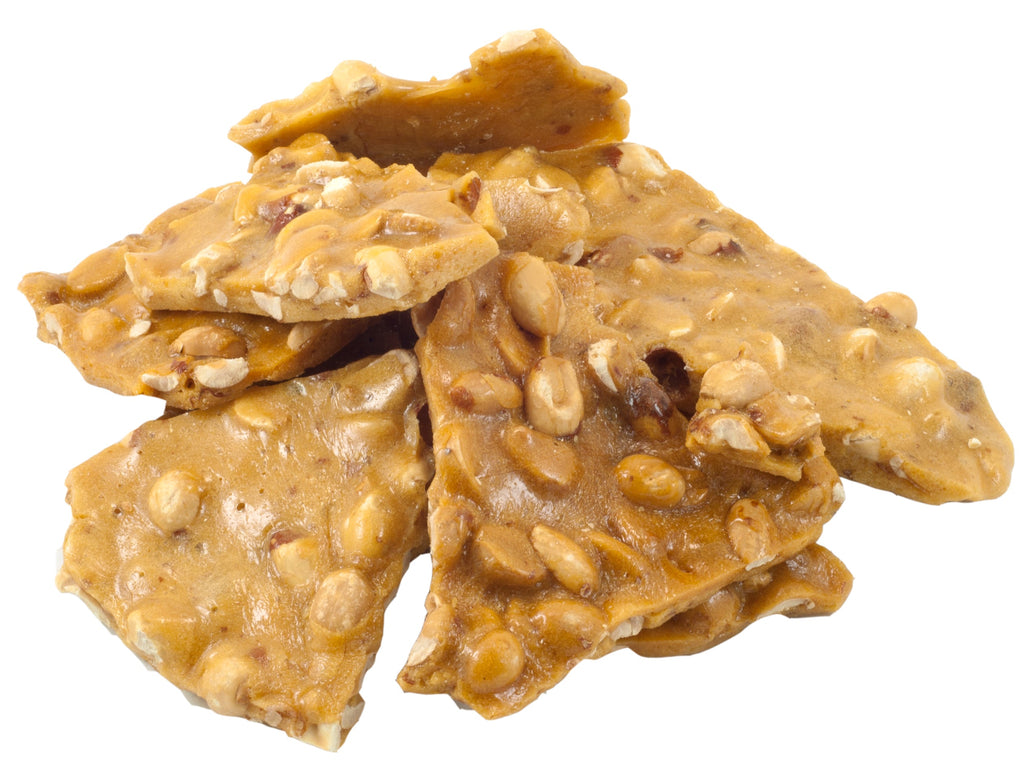 Peanut brittle candy with roasted whole peanuts, hand-stretched into thin, crispy golden pieces, displayed on a clean white background