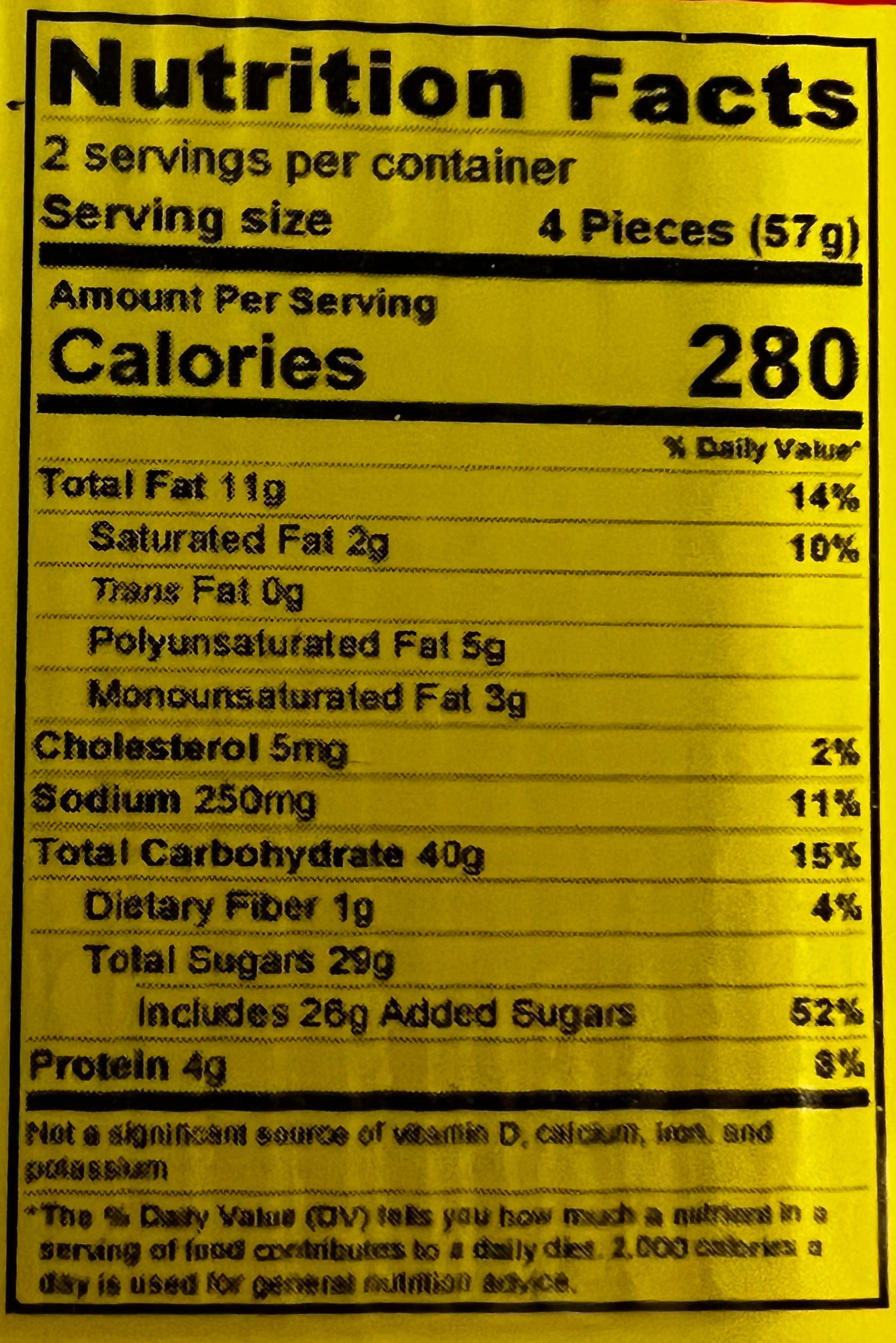 Idaho Spud Old Fashioned Peanut Brittle 4 oz nutrition facts label – 280 calories per serving, 11g fat, 40g carbs, 29g sugar and 4g protein