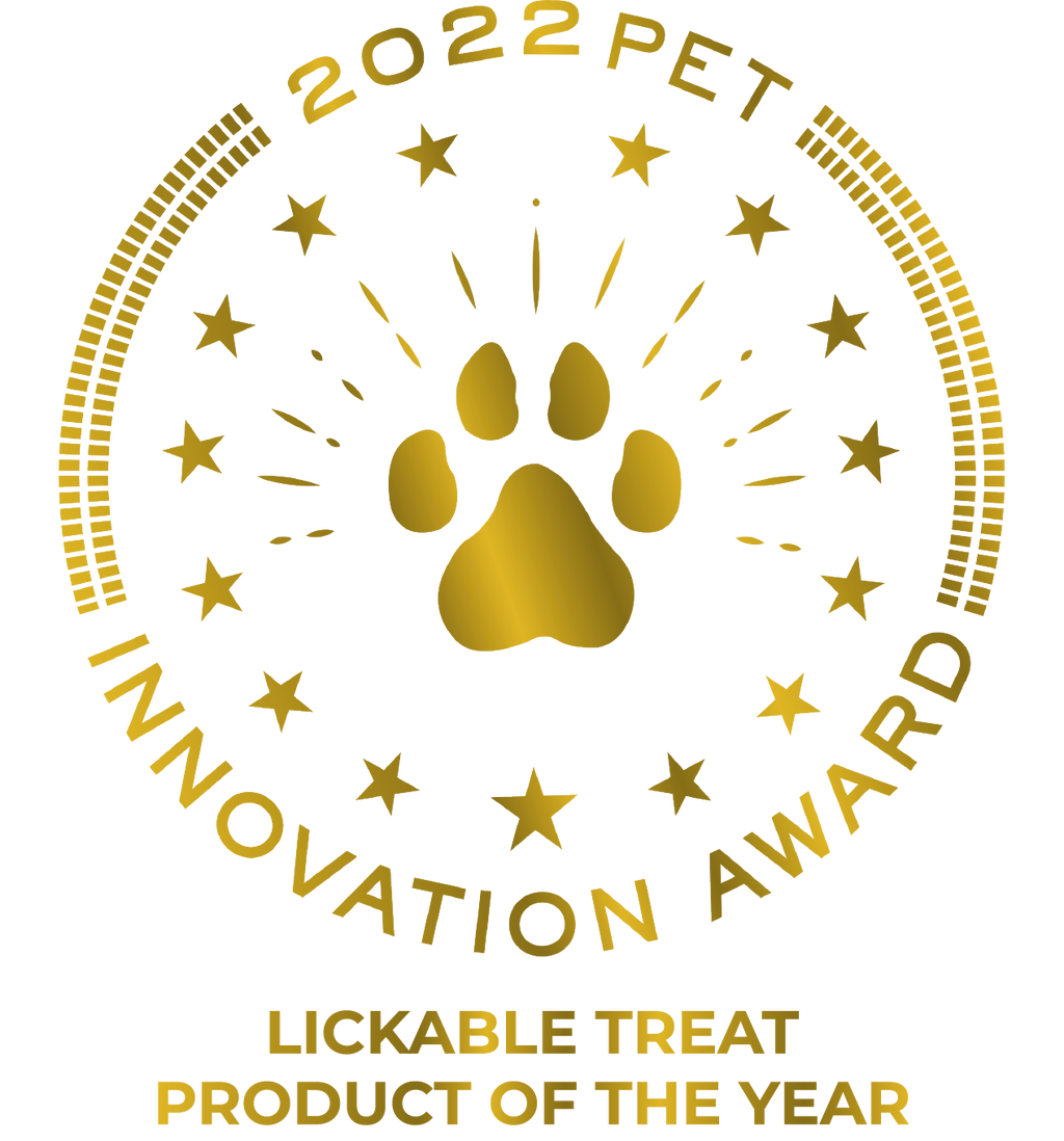 Gold paw print with '2022 PET Innovation Award' text on a white background