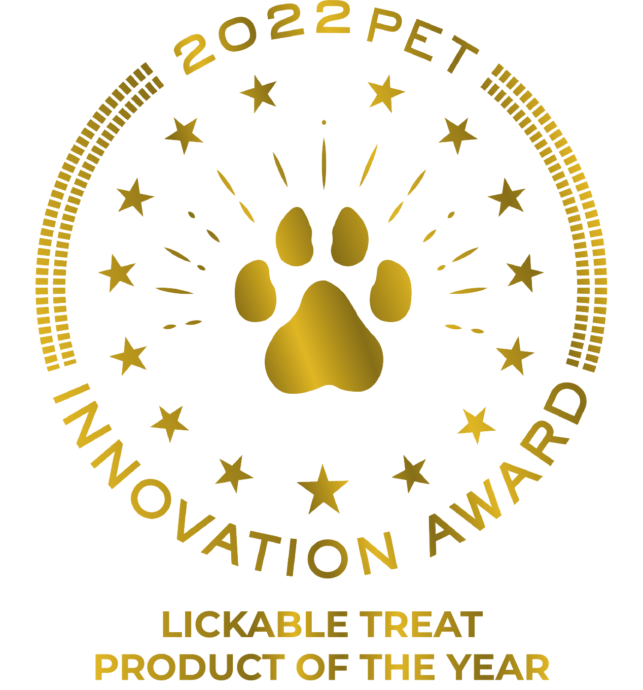 Gold paw print with '2022 PET Innovation Award' text on a white background