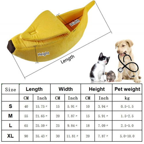 Yellow banana-shaped pet bed with measurements and a chart of sizes, lengths, widths, heights, and pet weight capacities.
