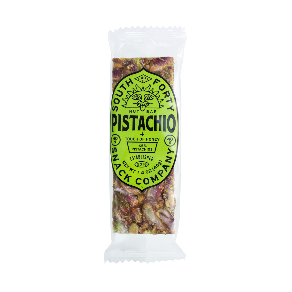 South Forty Pistachio Nut Bar with Honey, 65% Pistachios, Gluten-Free Crunchy Nut Snack Bar, High Protein Healthy Energy Snack, Naturally Sweet, 1.4 oz Pistachio Bar Packaging on Transparent Background