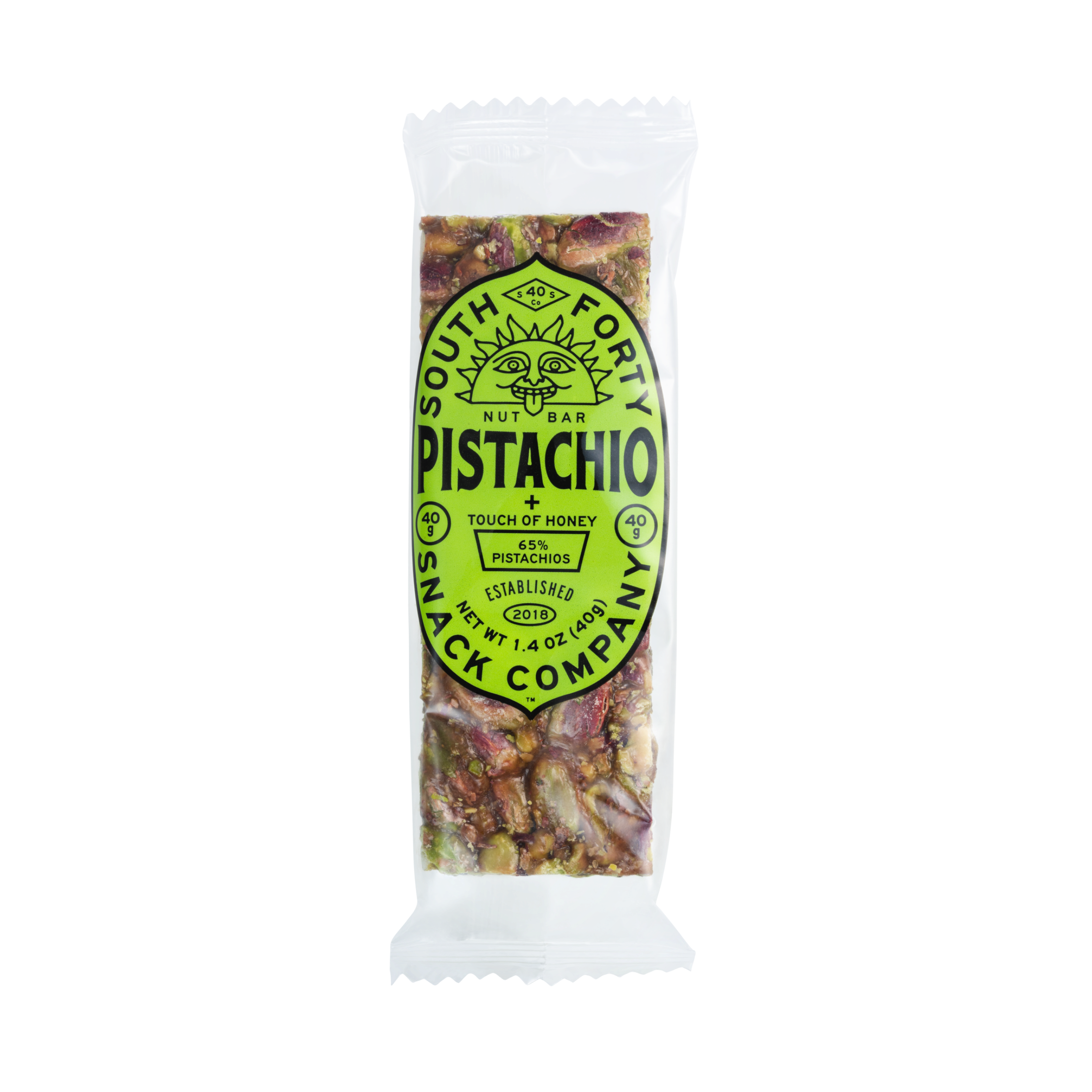 South Forty Pistachio Nut Bar with Honey, 65% Pistachios, Gluten-Free Crunchy Nut Snack Bar, High Protein Healthy Energy Snack, Naturally Sweet, 1.4 oz Pistachio Bar Packaging on Transparent Background