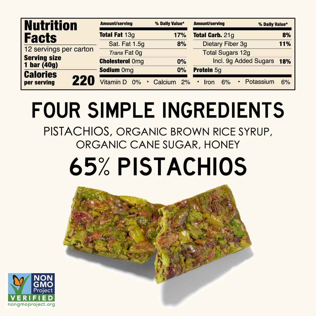 South Forty Pistachio Nutrition Facts and Ingredients Panel, 65% Pistachios Crunchy Nut Bar, Made with Pistachios, Organic Brown Rice Syrup, Organic Cane Sugar and Honey, Gluten-Free Non-GMO Healthy Snack Bar Nutrition Label, 12-Pack Protein Energy Snack