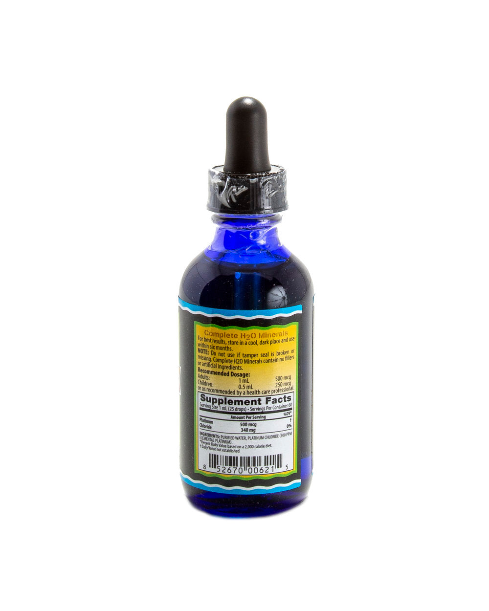 Blue glass dropper bottle with label on a white background
