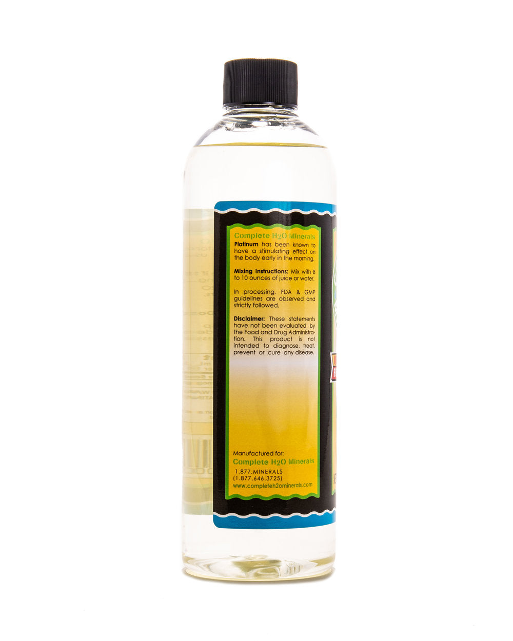 Clear bottle with a black cap and colorful label on a white background
