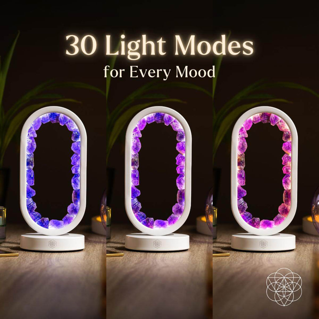 Amethyst crystal LED lamp displaying multiple ambient light colors, showcasing 30 lighting modes for meditation, relaxation, stress relief, bedroom décor, wellness spaces, and modern home ambiance.