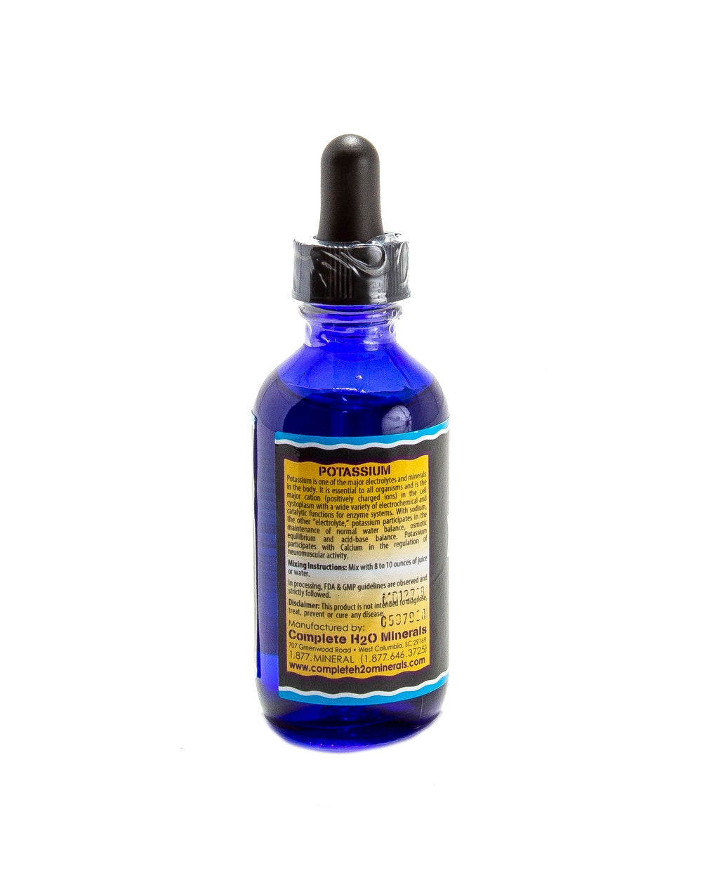 Blue glass dropper bottle with a label on a white background