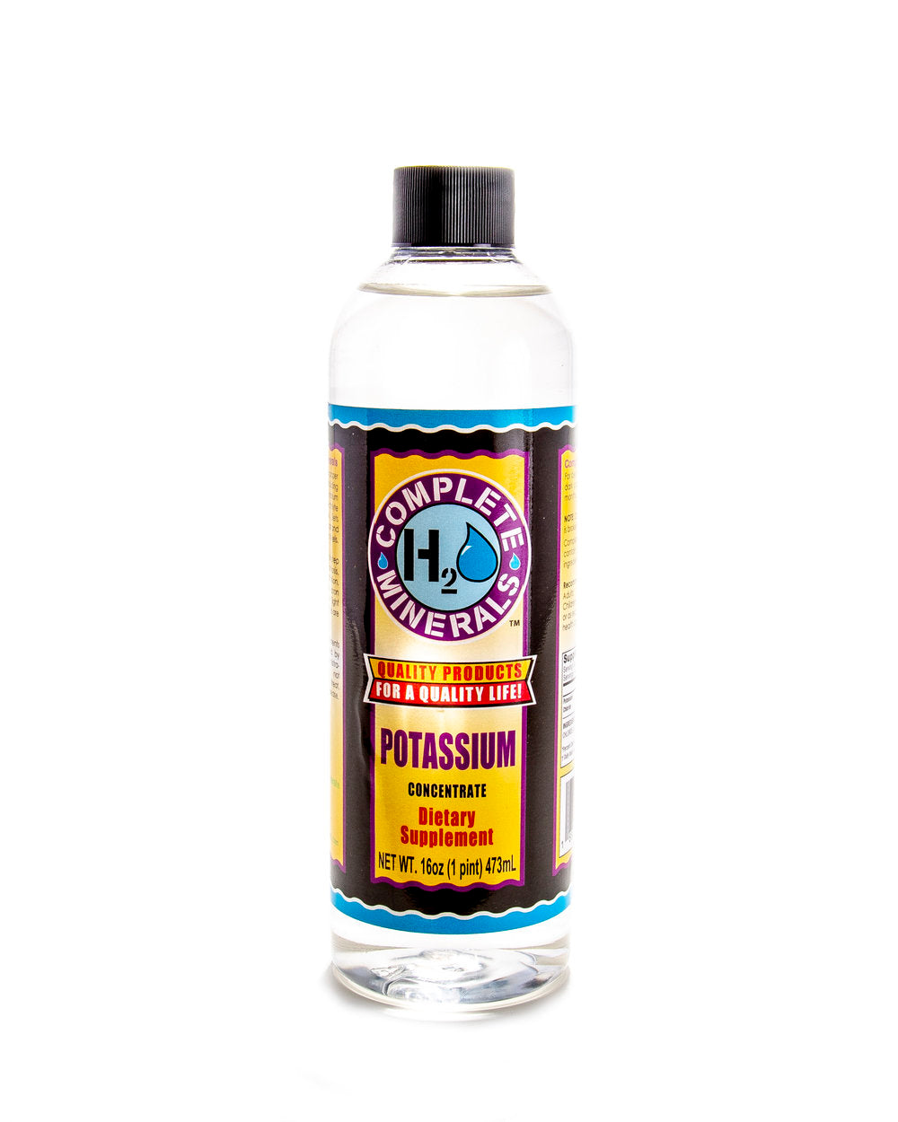 Bottle of Complete Minerals Potassium supplement on a white background. NET WT. 16oz (1 pint) 473 mL