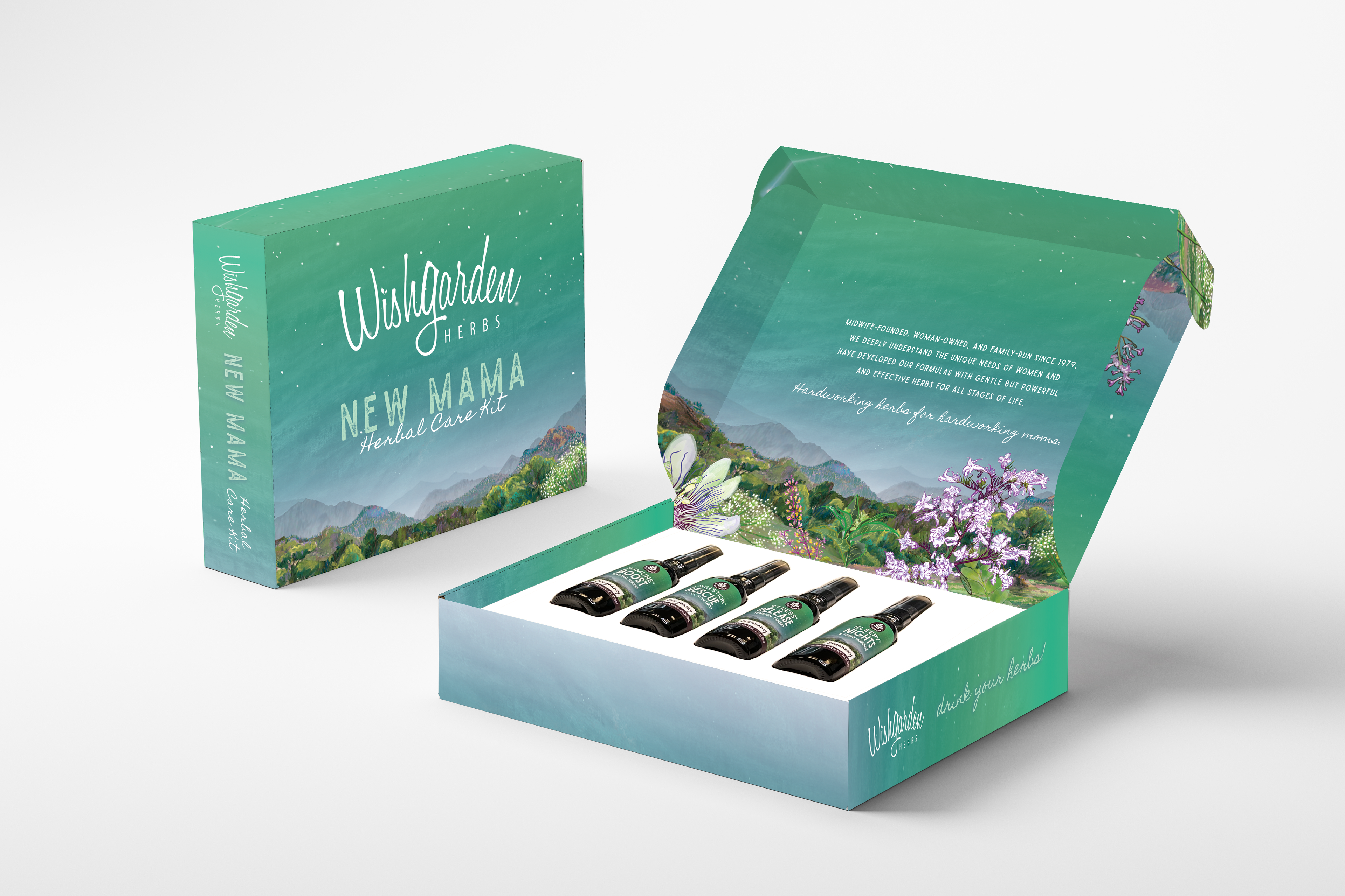WishGarden New Mama product packaging on a white background. Pregnancy Essentials Kit with Gift Box - Liquid Herbal Supplement Gift Set. (Congestion Rescue, Immune Boost, Stress Release,  Sleepy Nights)