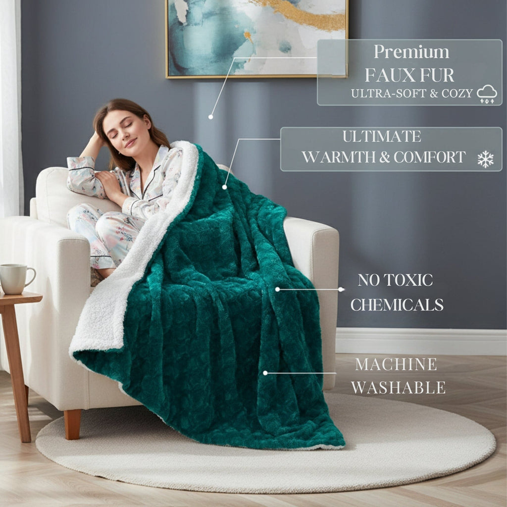 DaDa Bedding Emerald Green Blue Faux Fur Sherpa Throw Blanket