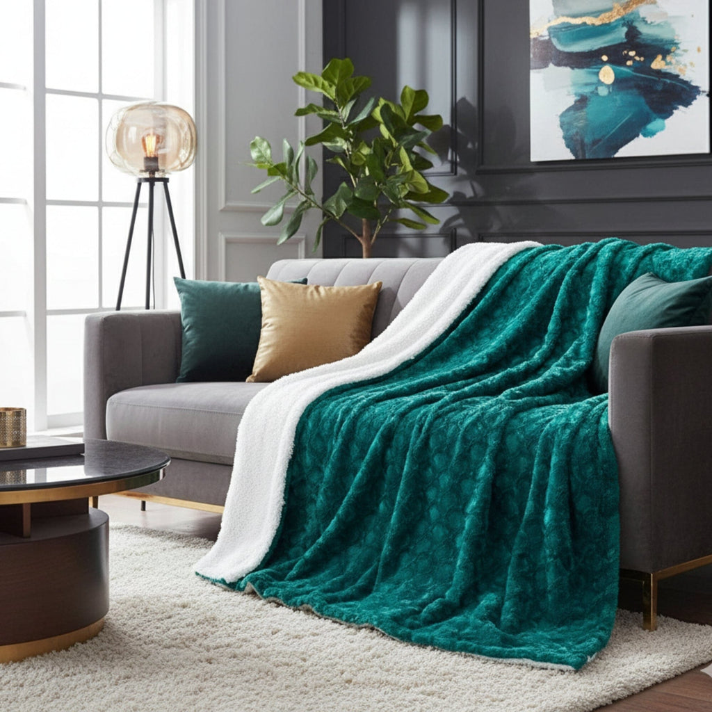 DaDa Bedding Emerald Green Blue Faux Fur Sherpa Throw Blanket
