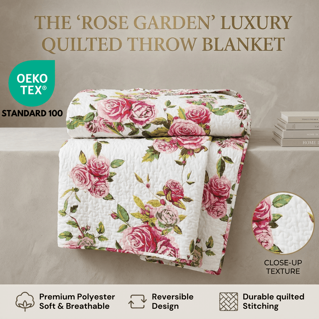 DaDa Bedding Romantic Roses Floral Throw Blanket - Lovely Spring Pink & White Scalloped Colorful Lightweight Breathable - Bright Vibrant Quilted Throw Blanket - 50 x 60