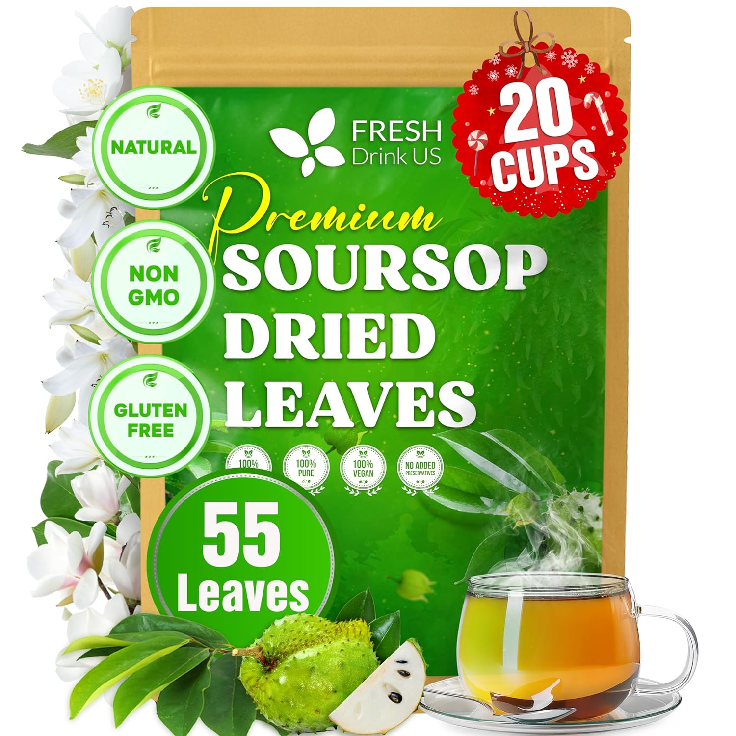 Packaging of Fresh Drink US Premium Soursop Dried Leaves with tea cup and flowers on a white background. Premium Soursop Leaves Tea bags, Dried Soursop Leaves, Soursop Leaf Powder, Guanabana Leaves Tea, Hoja Guanabana Tea