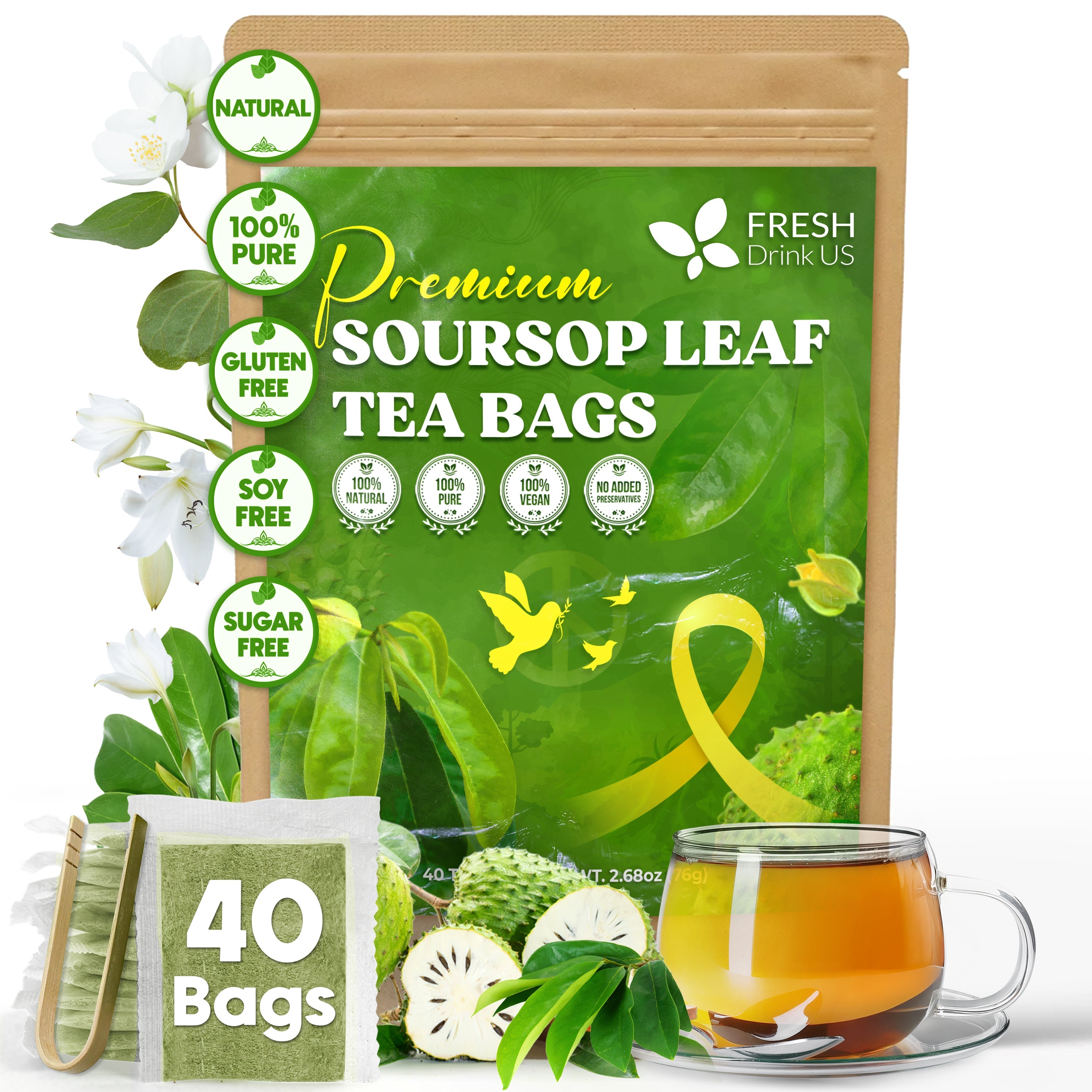 Packaging of Premium Soursop Leaf Tea Bags with tea leaves, a cup of tea, and flowers on a white background. Premium Soursop Leaves Tea bags, Dried Soursop Leaves, Soursop Leaf Powder, Guanabana Leaves Tea, Hoja Guanabana Tea