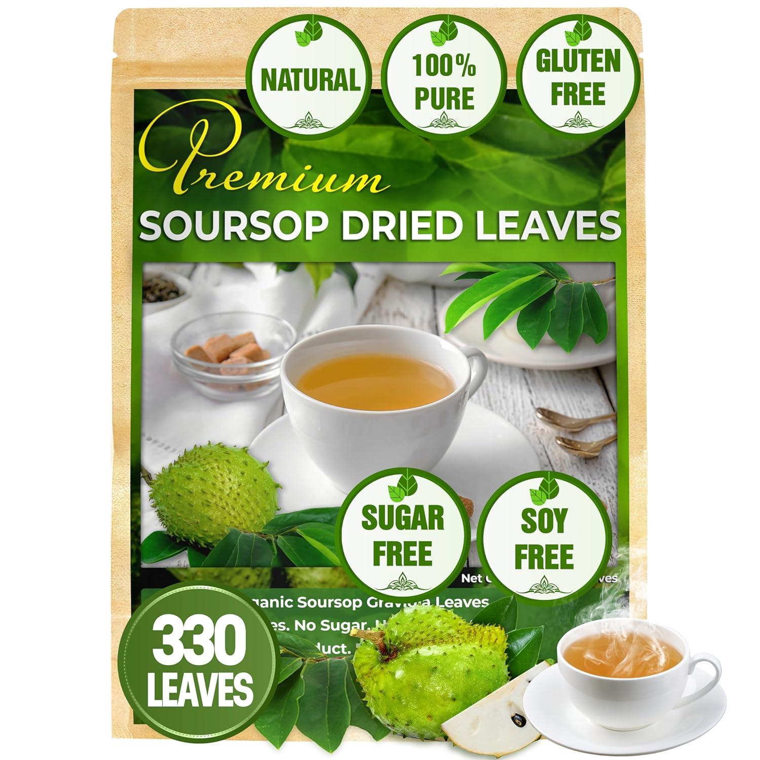 Package of premium soursop dried leaves with tea cups on a white background. Premium Soursop Leaves Tea bags, Dried Soursop Leaves, Soursop Leaf Powder, Guanabana Leaves Tea, Hoja Guanabana Tea
