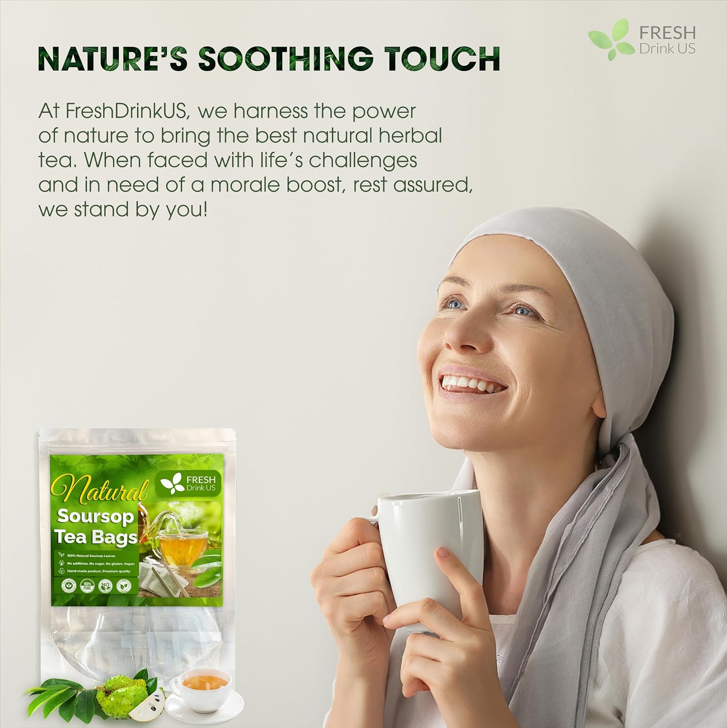 FreshDrinkUS Premium Soursop Leaves Tea Bags packaging beside a smiling woman holding a mug of herbal tea on a light background, promoting natural wellness and calming herbal tea.