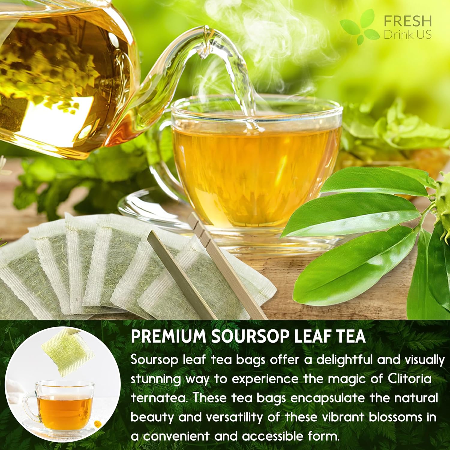 Tea being poured from a teapot into a glass with soursop leaf tea bags and leaves on a wooden surface. Premium Soursop Leaves Tea bags, Dried Soursop Leaves, Soursop Leaf Powder, Guanabana Leaves Tea, Hoja Guanabana Tea