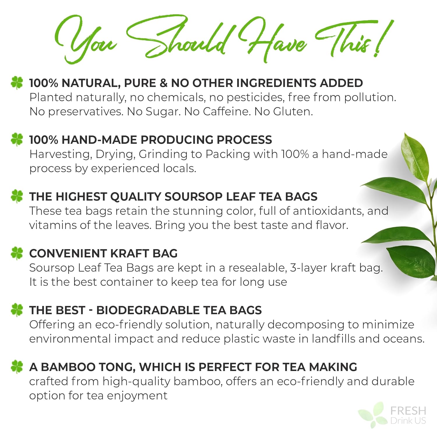 Premium soursop leaf tea bags highlighting 100% natural ingredients, handcrafted production, biodegradable tea bags, bamboo tea tong, and resealable kraft packaging with fresh green soursop leaves on a white background.