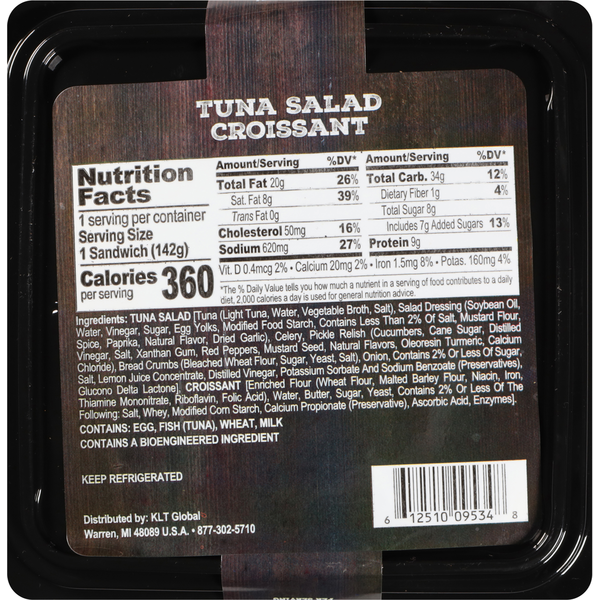 Nutrition label and ingredients list on a Tuna Salad Croissant packaging.