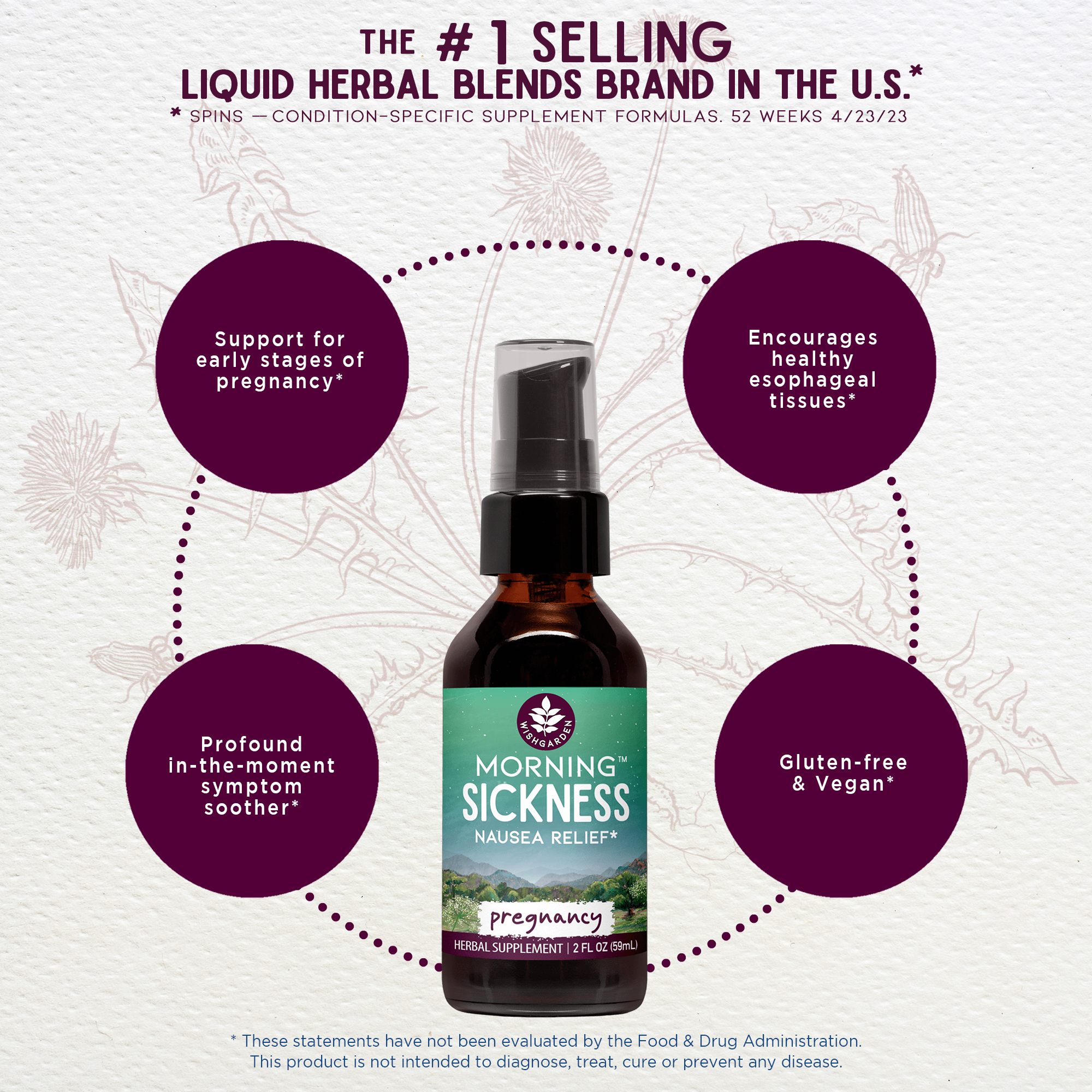Bottle of 'Morning Sickness' nausea relief supplement with text about its benefits on a white background. Bottle of 'Morning Sickness Nausea Relief' with a green label on a white background. Herbal liquid pump bottle with Marshmallow root, Dandelion root, Burdock root, Cardamom seed, Cinnamon bark, Ginger root.