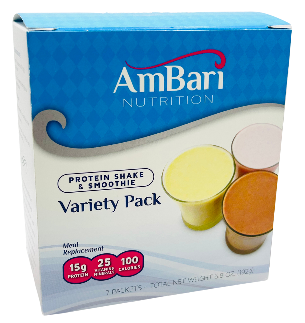 AmBar Nutrition protein shake and smoothie variety pack box on a white background