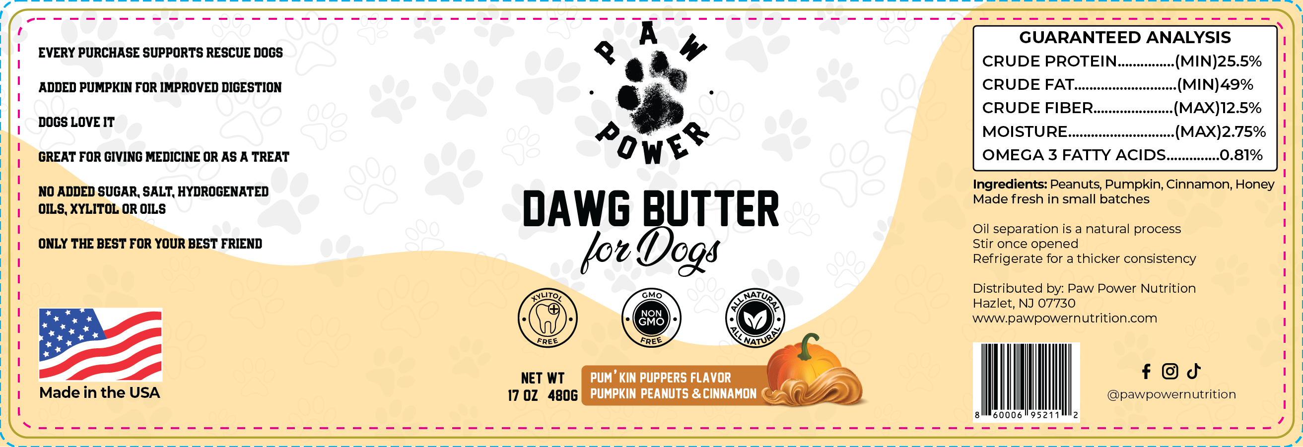 Label of Dawg Butter for Dogs with product details and branding elements.