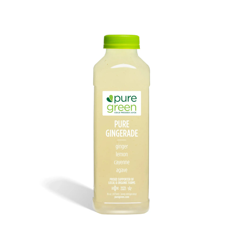 Bottle of pure green ginger lemonade on a white background. PURE GREEN PURE GINGERADE Cold-Pressed NON-GMO Juice Drink with Filtered Water, Ginger, Lemon, Agave, and Cayenne, No Added Sugar, Gluten-Free