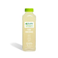 Bottle of pure green ginger lemonade on a white background. PURE GREEN PURE GINGERADE Cold-Pressed NON-GMO Juice Drink with Filtered Water, Ginger, Lemon, Agave, and Cayenne, No Added Sugar, Gluten-Free