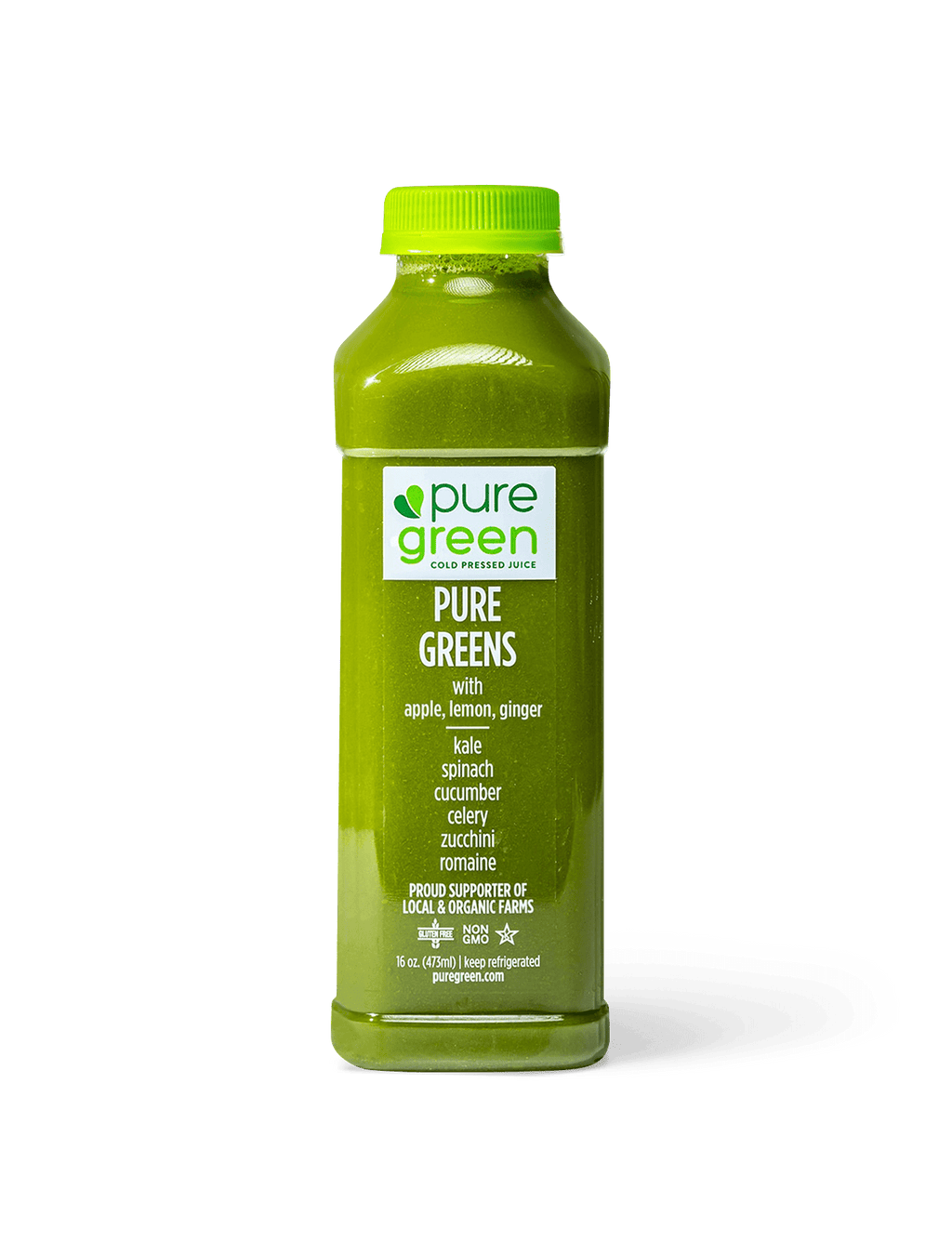 Bottle of pure green pure greens juice on a gray background. Pure Green Juice 'Til Dinner, Cold Pressed Juice Drink 4pk: NON-GMO, No Added Sugar, Gluten Free Juice Drink