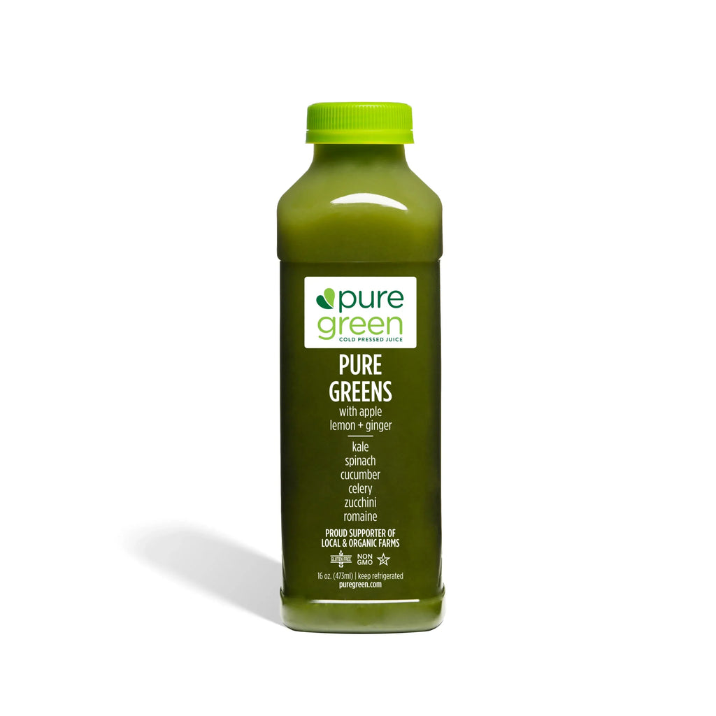 Bottle of pure green juice with a white label on a white background. Cold pressed juice drink with Apple, Lemon, Ginger, Kale, Spinach, Cucumber, Celery, Zucchini and Romaine.