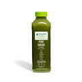 Bottle of pure green juice with a white label on a white background. Cold pressed juice drink with Apple, Lemon, Ginger, Kale, Spinach, Cucumber, Celery, Zucchini and Romaine.