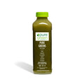 Bottle of pure green juice with a white background. PURE GREENS APPLE: Cold-Pressed NON-GMO Juice Drink with with Cucumber, Apple, Celery, Spinach, Ginger, Kale, Apple Cider, Vinegar, Spirulinal, Mint, No Added Sugar, Gluten-Free