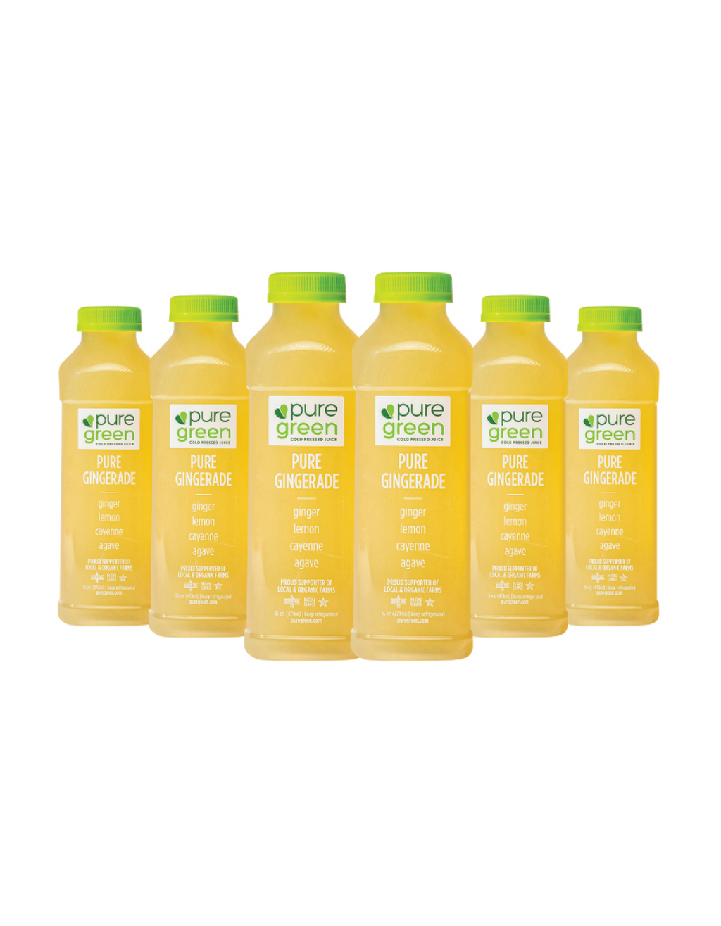  six bottles of pure green juice with green caps on a white background. PURE GREEN PURE GINGERADE Cold-Pressed NON-GMO Juice Drink with Filtered Water, Ginger, Lemon, Agave, and Cayenne, No Added Sugar, Gluten-Free